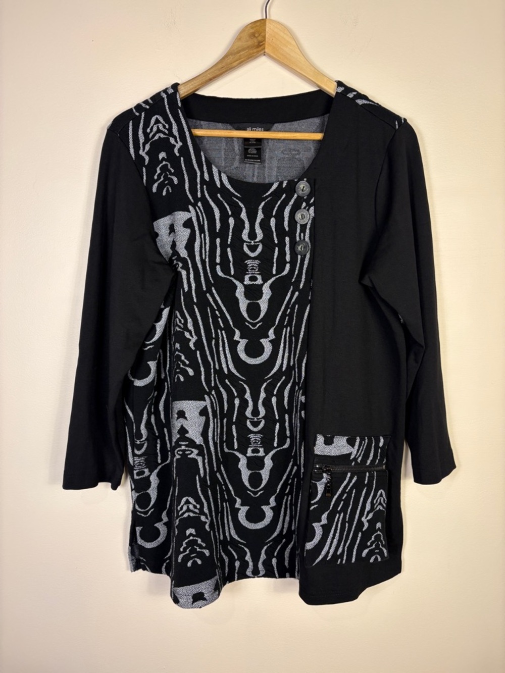 Ali Miles Black Geometric Artsy Tunic Top Stretch Jersey Neutral Boho
